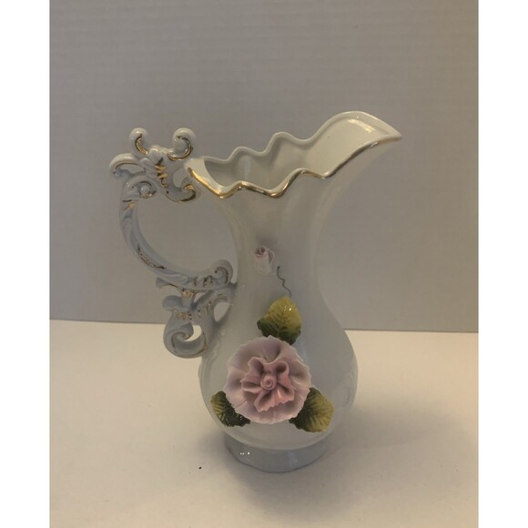 Vtg Lego Ceramic Pitcher With Gold Accents Made In Taiwan with raised flowers - Picture 1 of 6